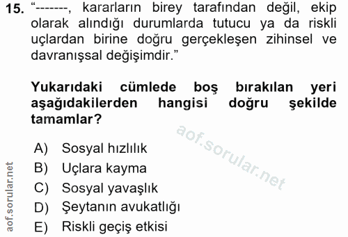 15. soru: "--, kararların birey tarafından değil, ekip olarak alındığı durumlarda tutucu ya da riskli uçlardan birine doğru ger…