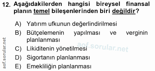 12. soru: Aşağıdakilerden hangisi bireysel finansal planın temel bileşenlerinden biri değildir? A) Yatırım ufkunun değerlindiri…