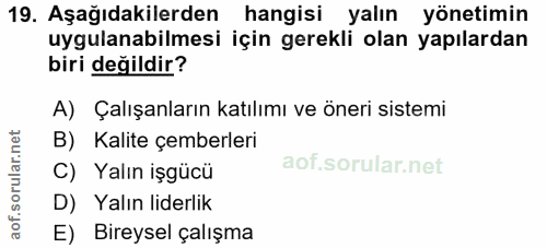 19. soru: Aşağıdakilerden hangisi yalın yönetimin uygulanabilmesi için gerekli olan yapılardan biri değildir? A) Çalışanların k…