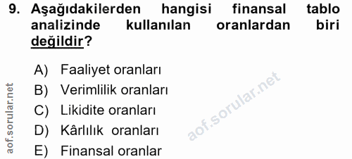 9. soru: Aşağıdakilerden hangisi finansal tablo analizinde kullanılan oranlardan biri değildir? A) Faaliyet oranları B) Veriml…