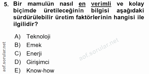 5. soru: Bir mamulün nasıl en verimli ve kolay biçimde üretileceğinin bilgisi aşağıdaki sürdürülebilir üretim faktörlerinin ha…