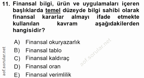 11. soru: Finansal bilgi, ürün ve uygulamaları içeren başlıklarda temel düzeyde bilgi sahibi olarak finansal kararlar almayı if…
