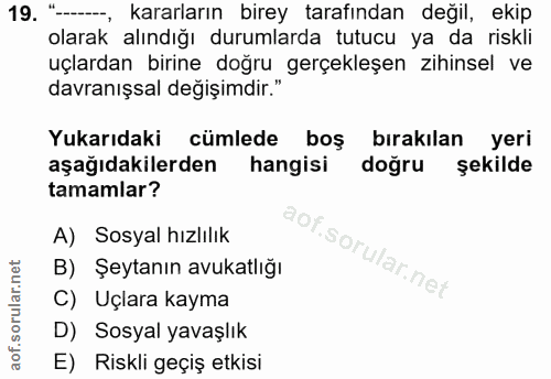 19. soru: "-., kararların birey tarafından değil, ekip olarak alındığı durumlarda tutucu ya da riskli uçlardan birine doğru ger…