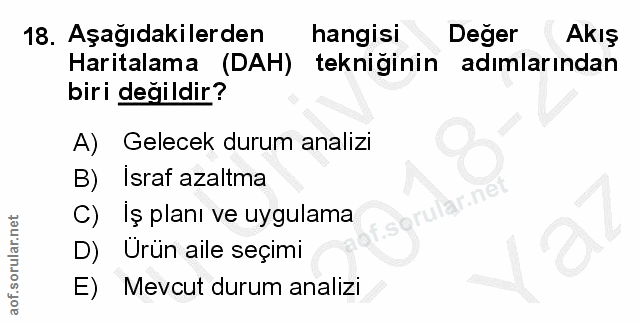 18. soru: Aşağıdakilerden hangisi Deger AKıŞ Haritalama (DAH) tekniğinin adımlarından biri değildir? A) Gelecek durum analizi B…