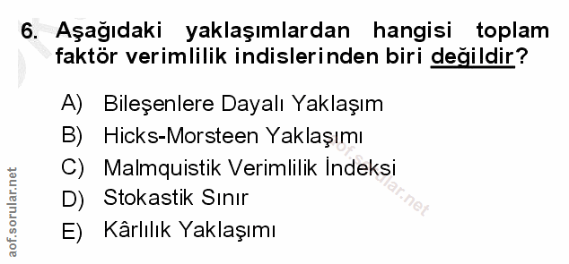 6. soru: Aşağıdaki yaklaşımlardan hangisi toplam faktör verimlilik inislerinden biri değildir? A) Bileşenlere Dayalı Yaklaşım…
