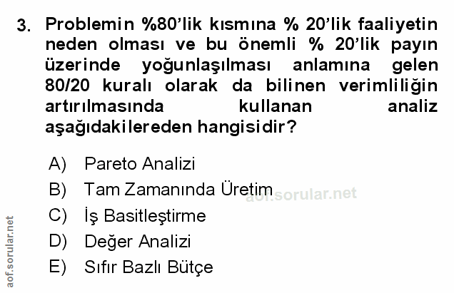 3. soru: Problemin %80'lik kısmına % 20'lik faaliyetin neden olması ve bu önemli % 20'lik payın üzerinde yoğunlaşılması anlamı…