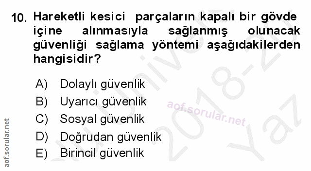10. soru: Hareketli kesici parçaların kapalı bir gövde içine alınmasıyla sağlanmış olunacak güvenliği sağlama yöntemi aşağıdaki…