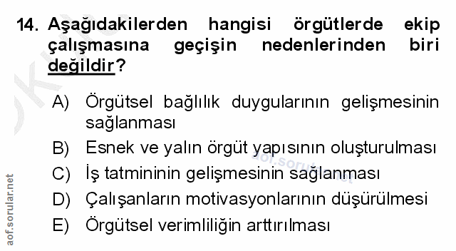 14. soru: Aşagıdakilerden hangisi örgütlerde ekip çalışmasına geçişin nedenlerinden biri değildir? A) Örgütsel bağlılık duygula…