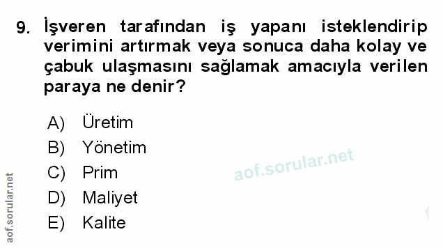 9. soru: İşveren tarafından iş yapanı isteklendirip verimini artırmak veya sonuca daha kolay ve çabuk ulaşmasını sağlamak amac…