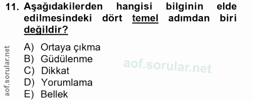 11. soru: Aşağıdakilerden hangisi bilginin elde edilmesindeki dört temel adımdan biri değildir? A) Ortaya çıkma B) Güdülenme C)…