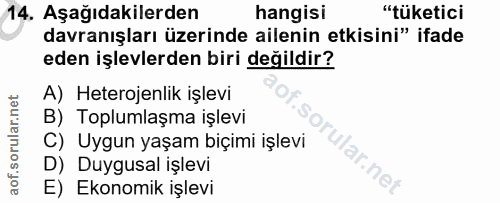 14. soru: 14, Aşağıdakilerden hangisı "tüketici davranışları üzerinde ailenin etkisini" ifade eden işlevlerden biri değildir? A…