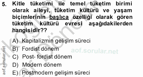 5. soru: Kitle tüketimi ile temel tüketim birimi olarak aileyi, tüketim kültürü ve yaşam biçimlerinin başlıca özelliği olarak…