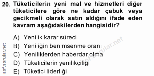 20. soru: Tüketicilerin yeni mal ve hizmetleri diğer tüketicilere göre ne kadar çabuk veya gecikmeli olarak satın aldığını ifad…