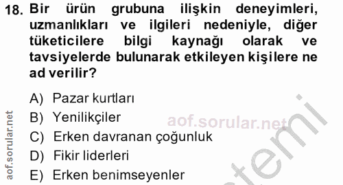 18. soru: Bir ürün grubuna ilişkin deneyimleri, uzmanlıkları ve ilgileri nedeniyle, diğer tüketicilere bilgi kaynağı olarak ve…