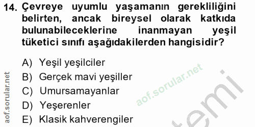 14. soru: Çevreye uyumlu yaşamanın gerekliliğini belirten, ancak bireysel olarak katkıda bulunabileceklerine inanmayan yeşil tü…