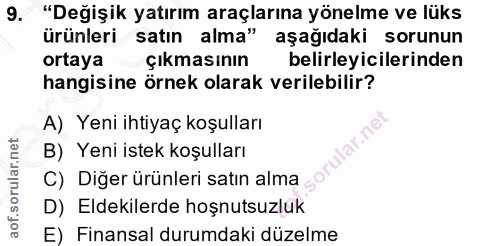 9. soru: "Değişik yatırım araçlarına yönelme ve lüks ürünleri satın alma" aşağıdaki sorunun ortaya çıkmasının belirleyicilerin…