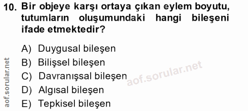 10. soru: Bir objeye karşı ortaya çıkan eylem boyutu, tutumların oluşumundaki hangi bileşeni ifade etmektedir? A) Duygusal bile…
