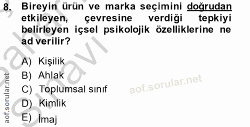 8. soru: Bireyin ürün ve marka seçimini doğrudan etkileyen, çevresine verdiği tepkiyi belirleyen içsel psikolojik özelliklerin…