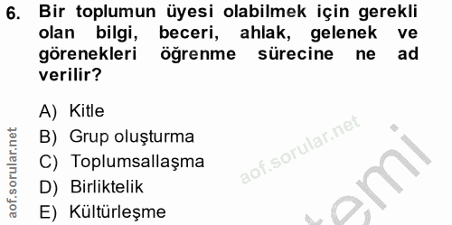 6. soru: Bir toplumun üyesi olabilmek için gerekli olan bilgi, beceri, ahlak, gelenek ve görenekleri öğrenme sürecine ne ad ve…