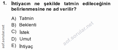 1. soru: Ihtiyacın ne şekilde tatmin edileceginin belirlenmesine ne ad verilir? A) Tatmin B) Beklenti C) İstek D) Umut E) İhtiyaç