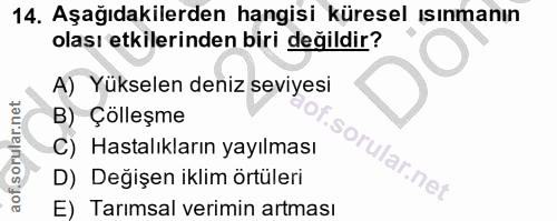 14. soru: Aşağıdakilerden hangisi küresel ısınmanın olası etkilerinden biri değildir? A) Yükselen deniz seviyesi B) Çölleşme C)…