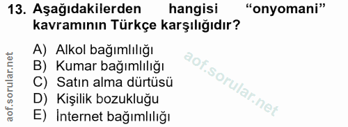 13. soru: Aşağıdakilerden hangisi "onyomani" kavramının Türkçe karşılığıdır? A) Alkol bağımlılığı B) Kumar bağımlılığı C) Satın…