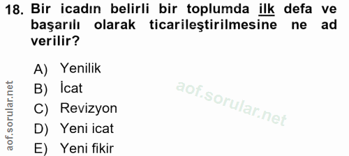 18. soru: Bir icadın belirli bir toplumda ilk defa ve başarılı olarak ticarilestirilmesine ne ad verilir? A) Yenilik B) Icat C)…