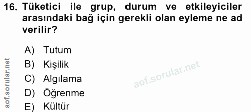 16. soru: Tüketici ile grup, durum ve etkileyiciler arasındaki bağ için gerekli olan eyleme ne ad verilir? A) Tutum B) Kişilik…