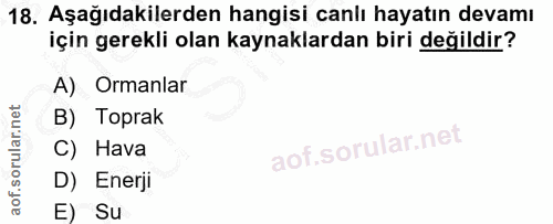 18. soru: Aşağıdakilerden hangisi canlı hayatın devamı için gerekli olan kaynaklardan biri değildir? A) Ormanlar B) Toprak C) H…