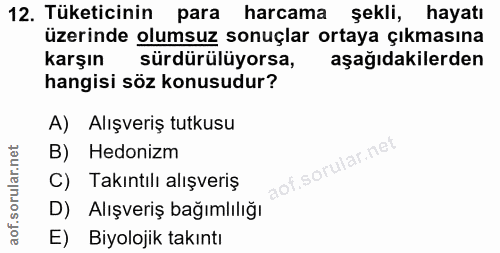 12. soru: Tüketicinin para harcama şekli, hayatı üzerinde olumsuz sonuçlar ortaya çıkmasına karşın sürdürülüyorsa, aşağıdakiler…