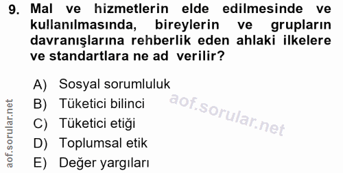 9. soru: Mal ve hizmetlerin elde edilmesinde ve kullanılmasında, bireylerin ve grupların davranışlarına rehberlik eden ahlaki…
