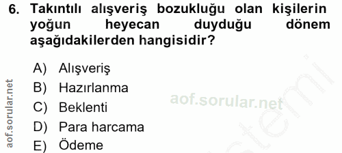 6. soru: Takıntılı alışveriş bozukluğu olan kişilerin yoğun heyecan duyduğu dönem aşağıdakilerden hangisidir? A) Alışveriş B)…
