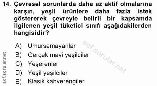 14. soru: Çevresel sorunlarda daha az aktif olmalarına karşın, yeşil ürünlere daha fazla istek göstererek çevreyle belirli bir…