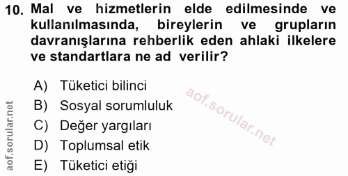 10. soru: Mal ve hizmetlerin elde edilmesinde ve kullanılmasında, bireylerin ve grupların davranışlarına rehberlik eden ahlaki…
