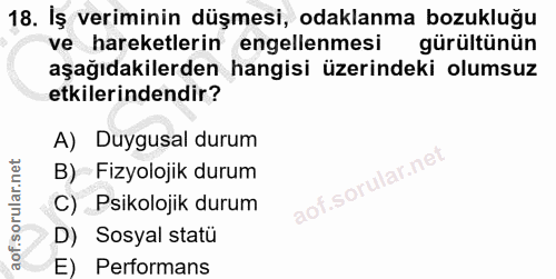 18. soru: Iş veriminin düşmesi, odaklanma bozukluğu ve hareketlerin engellenmesi gürültünün aşağıdakilerden hangisi üzerindeki…
