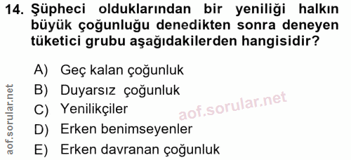 14. soru: Şüpheci olduklarından bir yeniliği halkın büyük çoğunluğu denedikten sonra deneyen tüketici grubu aşağıdakilerden han…