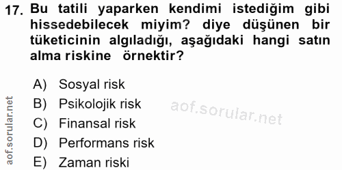 17. soru: Bu tatili yaparken kendimi istediğim gibi hissedebilecek miyim? diye düşünen bir tüketicinin algıladığı, aşağıdaki ha…