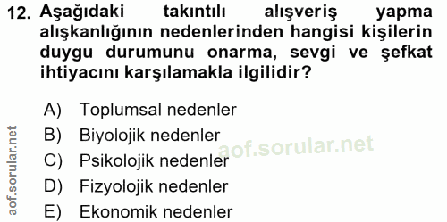 12. soru: Aşağıdaki takintılı alışveriş yapma alışkanlığının nedenlerinden hangisi kişilerin duygu durumunu onarma, sevgi ve şe…
