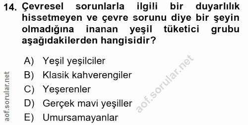 14. soru: Çevresel sorunlarla ilgili bir duyarlılık hissetmeyen ve çevre sorunu diye bir şeyin olmadığına inanan yeşil tüketici…