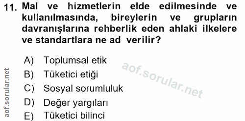 11. soru: Mal ve hizmetlerin elde edilmesinde ve kullanılmasında, bireylerin ve grupların davranışlarına rehberlik eden ahlaki…