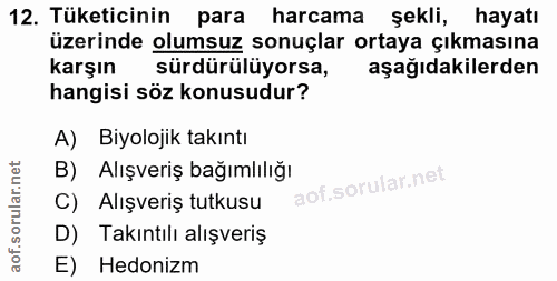 12. soru: Tüketicinin para harcama şekli, hayatı üzerinde olumsuz sonuçlar ortaya çıkmasına karşın sürdürülüyorsa, aşağıdakiler…
