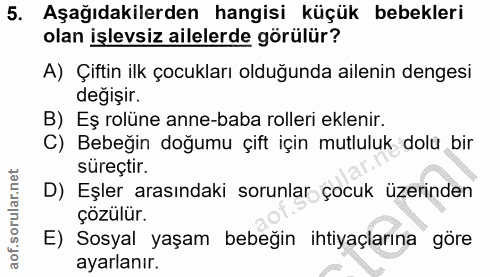 5. soru: Aşağıdakilerden hangisi küçük bebekleri olan işlevsiz ailelerde görülür? A) Çiftin ilk çocukları olduğunda ailenin de…