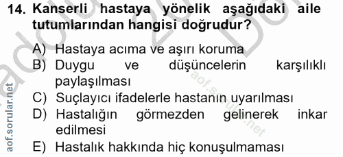 14. soru: Kanserli hastaya yönelik aşağıdaki aile tutumlarından hangisi doğrudur? A) Hastaya acıma ve aşırı koruma B) Duygu ve…