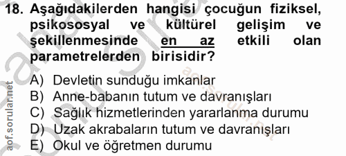 18. soru: Aşağıdakilerden hangisi çocuğun fiziksel, psikososyal ve kültürel gelişim ve şekillenmesinde en az etkili olan parame…