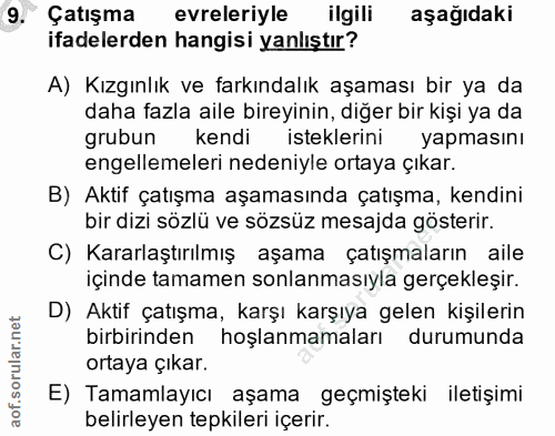 9. soru: Çatışma evreleriyle ilgili aşağıdaki ifadelerden hangisi yanlıştır? A) Kızgınlık ve farkındalık aşaması bir ya da dah…