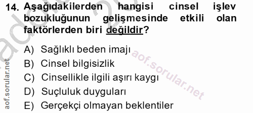14. soru: Aşağıdakilerden hangisi cinsel işlev bozukluğunun gelişmesinde etkili olan faktörlerden biri değildir? A) Sağlıklı be…