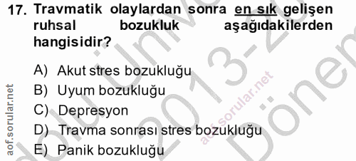 17. soru: Travmatik olaylardan sonra en sık gelişen ruhsal bozukluk aşağıdakilerden hangisidir? A) Akut stres bozukluğu ular.ne…