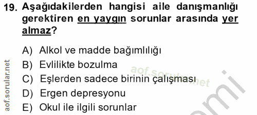 19. soru: Aşağıdakilerden hangisi aile danışmanlığı gerektiren en yaygın sorunlar arasında yer almaz? A) Alkol ve madde bağımlı…