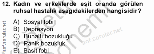 12. soru: Kadın ve erkeklerde eşit oranda görülen ruhsal hastalik aşağıdakilerden hangisidir? A) Sosyal fobi B) Depresyon C) Bu…