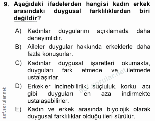 9. soru: Aşağıdaki ifadelerden hangisi kadın erkek arasındaki duygusal farklılıklardan biri değildir? A) Kadınlar duygularını…
